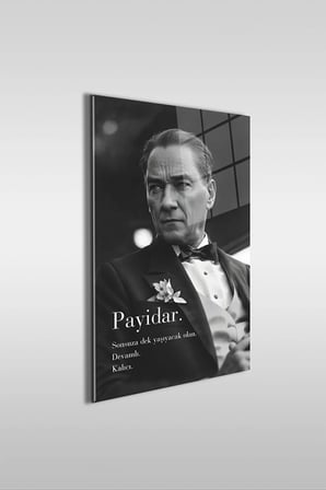 Atatürk Özel Tasarım Siyah Beyaz Dikey Cam Tablo