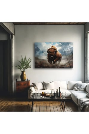 Bufalo Modern Cam Tablo , Vahşi Doğa Duvar Dekoru , Temperli Cam Üzeri Baskı , Yüksek Kalite
