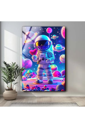 Astronot Duvar Dekoru , Modern Cam Tablo , Çocuk Odası Duvar Dekoru , Canlı Renkler , Yüksek Kalite