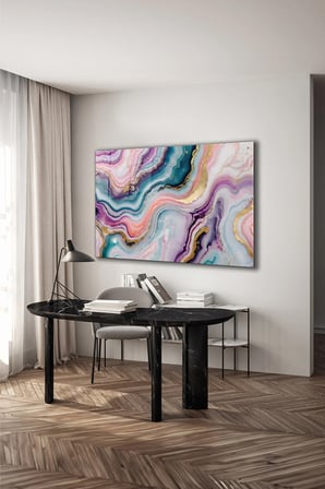 Pastel Tonlar ve Gold Detaylı Soyut Mermer Desen Yatay Cam Tablo