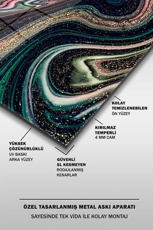 Siyah ve Altın Soyut Mermer Desen Dekoratif Yatay Cam Tablo
