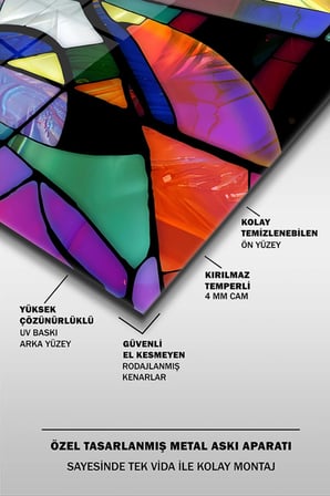 Vitraj Stil Soyut Şekiller Dekoratif Yatay Cam Tablo