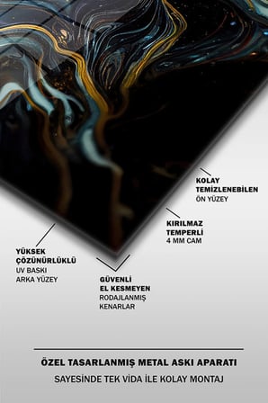 Petrol Mavisi Soyut Ebru Desen Yatay Cam Tablo