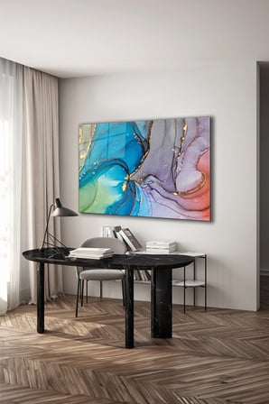 Altın Detaylı Soyut Mürekkep Desen Yatay Cam Tablo