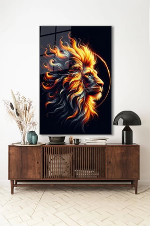 İhtişamlı Aslan Portre 2 Modern Dikey Cam Tablo