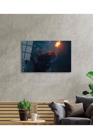 Kedi ve Kelebek Hayvan Soyut Cam Tablo, Temperli ve Rodajlı Dayanıklı  Cam