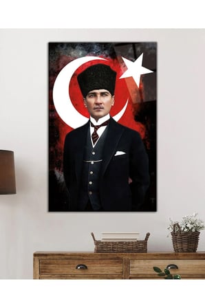 Türk Bayrağı ve Mustafa Kemal Atatürk Portresi Cam Tablo, Temperli ve Rodajlı Dayanıklı  Cam