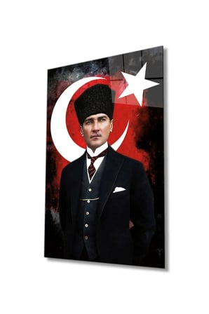 Türk Bayrağı ve Mustafa Kemal Atatürk Portresi Cam Tablo, Temperli ve Rodajlı Dayanıklı  Cam