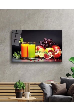 Renkli Meyveler Ve Bardaklar Cam Tablo, Temperli ve Rodajlı Dayanıklı  Cam