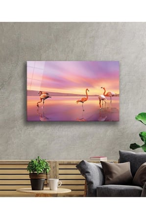 Pembe Flamingolar Ve Göl Doğa Manzarası Cam Tablo, Temperli ve Rodajlı Dayanıklı  Cam
