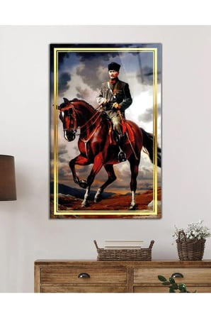 Gold Şeritli At Üzerinde Atatürk Portresi Cam Tablo, Temperli ve Rodajlı Dayanıklı  Cam