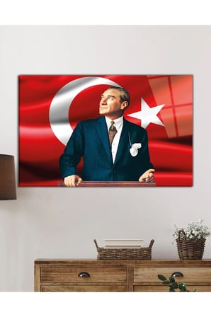 Mustafa Kemal Atatürk Türk Bayrağı Cam Tablo, Temperli ve Rodajlı Dayanıklı  Cam