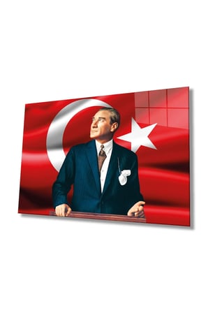 Mustafa Kemal Atatürk Türk Bayrağı Cam Tablo, Temperli ve Rodajlı Dayanıklı  Cam