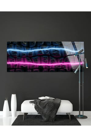 Mavi Mor Led Görünümlü Taş Deatylı Cam Tablo