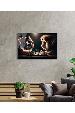 Satranç Ustaları Kaplan vs Aslan Cam Tablo Yapay Zeka Hediyelik Büyük Tablo Ev Ofis Dekoru