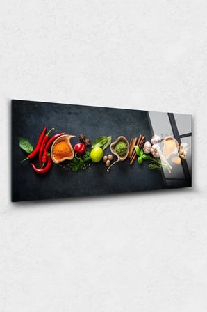 Baharatlar Cam Tablo Restoran Ve Mutfak Tablo Nane Kırmızı Biber Sarımsak Limon Tarçın Kimyon Dekoru