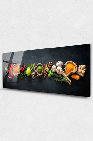 Baharatlar Cam Tablo Restoran Ve Mutfak Tablo Nane Kırmızı Biber Sarımsak Limon Tarçın Kimyon Dekoru