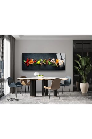 Baharatlar Cam Tablo Restoran Ve Mutfak Tablo Nane Kırmızı Biber Sarımsak Limon Tarçın Kimyon Dekoru
