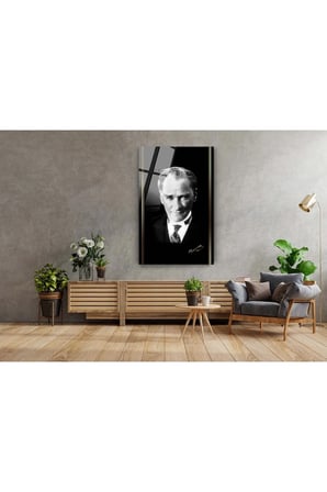 Mustafa Kemal Atatürk Siyah Beyaz Üniformalı Cam Tablo 10 Kasım Atatürk Tablo Ofis Dekor