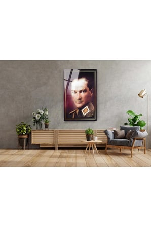 Mustafa Kemal Atatürk Üniformalı Cam Tablo 10 Kasım Atatürk Tablo Türk Bayrağı Tablo Ofis Dekor