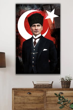 Atatürk Portresi ve Türk Bayrağı Cam Tablo Ev Ofis Okul Duvar Dekoru, Hediyelik Büyük Tablo