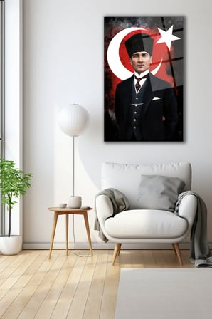 Atatürk Portresi ve Türk Bayrağı Cam Tablo Ev Ofis Okul Duvar Dekoru, Hediyelik Büyük Tablo