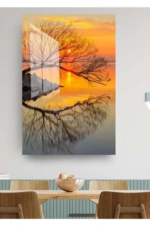 Doğa Gün Batımı Ve Yapraksız Ağaç Cam Tablo, Doğa Tablo, Duvar Dekor, Büyük Tablo, Cam Duvar Tablo