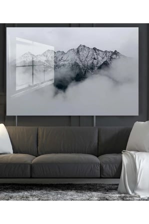 Bulutlu Dağlar Siyah Beyaz Cam Tablo, Duvar Dekor, Büyük Tablo, Cam Duvar Tablo, Kanvas Tablo