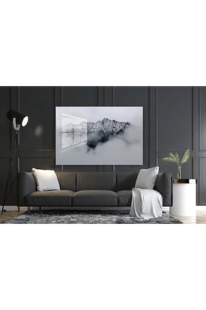 Bulutlu Dağlar Siyah Beyaz Cam Tablo, Duvar Dekor, Büyük Tablo, Cam Duvar Tablo, Kanvas Tablo