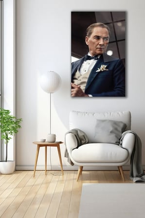 Atatürk Portresi Yapay Zeka Dikey Cam Tablo Ev Ofis Okul Duvar Dekoru, Hediyelik Büyük Tablo