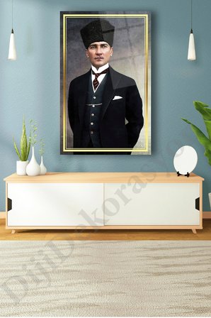 Atatürk Portre Cam Tablo Ev Ofis Salon İçin Hediyelik Duvar Dekoru Büyük Tablo