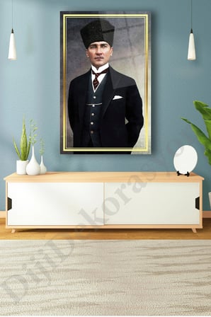 Atatürk Portre Cam Tablo Ev Ofis Salon İçin Hediyelik Duvar Dekoru Büyük Tablo