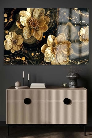 ALTIN GOLD ÇİÇEK SİYAH YAPRAKLI YATAY ÇİÇEK KIRILMAZ LÜKS CAM TABLO OF İŞ YERİ EV HEDİYESİ CAM TABLO
