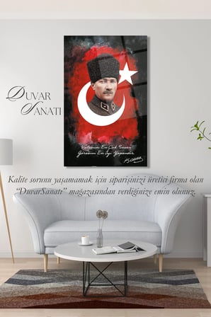 Atatürk Portresi Vatanını En Çok Seven Görevini En İyi Yapandır Cam Tablo Duvar Dekoru, Hediyelik