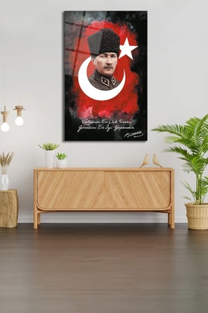 Atatürk Portresi Vatanını En Çok Seven Görevini En İyi Yapandır Cam Tablo Duvar Dekoru, Hediyelik