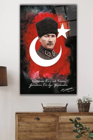 Atatürk Portresi Vatanını En Çok Seven Görevini En İyi Yapandır Cam Tablo Duvar Dekoru, Hediyelik