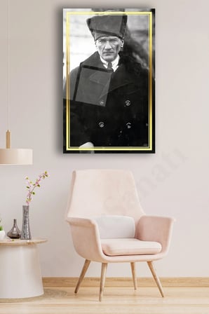 Mustafa Kemal Atatürk Cam Tablo, Siyah Beyaz, Ev, Ofis ve Okul Duvar Dekoru, Hediyelik, Büyük Tablo