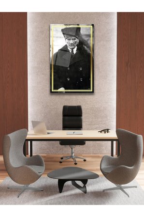 Mustafa Kemal Atatürk Cam Tablo, Siyah Beyaz, Ev, Ofis ve Okul Duvar Dekoru, Hediyelik, Büyük Tablo