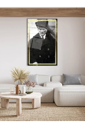Mustafa Kemal Atatürk Cam Tablo, Siyah Beyaz, Ev, Ofis ve Okul Duvar Dekoru, Hediyelik, Büyük Tablo