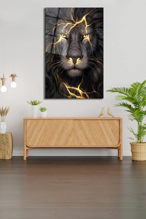 Aslan Dikey Cam Tablo Ev Ofis Salon Duvar Dekoru, Hediyelik Büyük Tablo