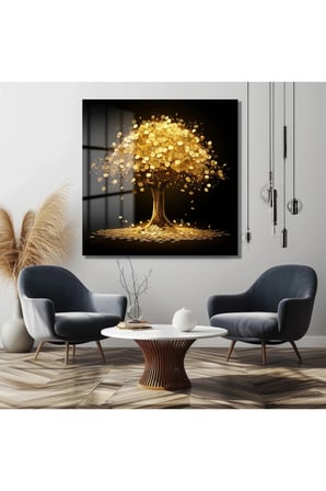 GOLD AĞAÇ ULTRA YÜKSEK ÇÖZÜNÜRLÜK KARE CAM TABLO EV İŞ YERİ OFİS HEDİYESİ SOYUT TASARIM TABLO