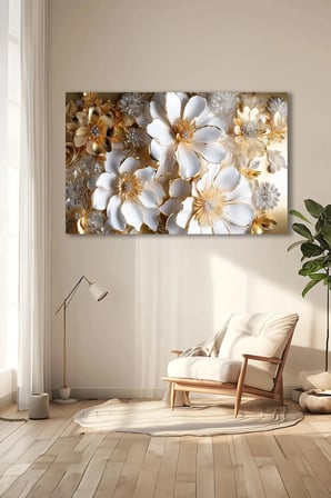 BEYAZ ALTIN GOLD DETAYLI YATAY ÇİÇEK KIRILMAZ LÜKS CAM TABLO OF İŞ YERİ EV HEDİYESİ CAM TABLO