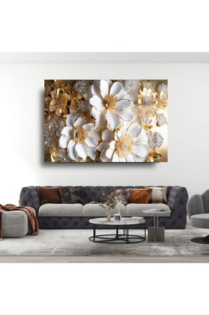 BEYAZ ALTIN GOLD DETAYLI YATAY ÇİÇEK KIRILMAZ LÜKS CAM TABLO OF İŞ YERİ EV HEDİYESİ CAM TABLO