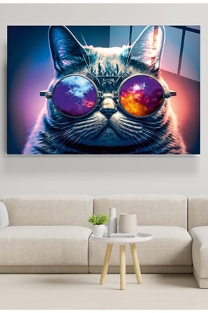 Gözlüklü Kedi Cam Tablo, Dekoratif Cam Tablo