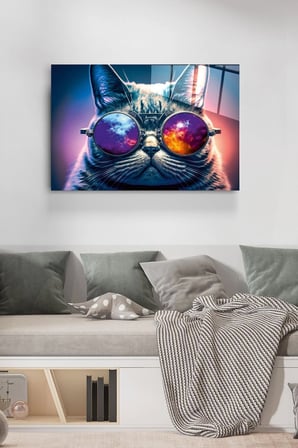 Gözlüklü Kedi Cam Tablo, Dekoratif Cam Tablo