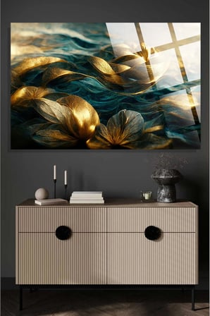 Lüks Gold Çiçek Görseli 4mm Kırılmaz Temperli Yüksek Çözünürlüklü Cam Tablo