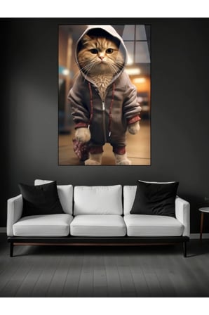 KAPŞONLU TATLI KEDİ CAM TABLOSU