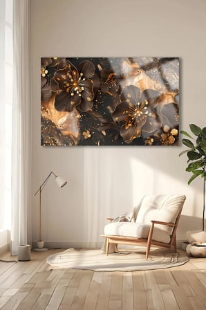 ÇİÇEK TASARIM GOLD TOZ DETAY KIRILMAZ LÜKS CAM TABLO OF İŞ YERİ HEDİYESİ CAM TABLO