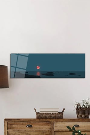 Kızıl Ay ve Durgun Sular Panoramik Cam Tablo, Temperli ve Rodajlı Dayanıklı Cam