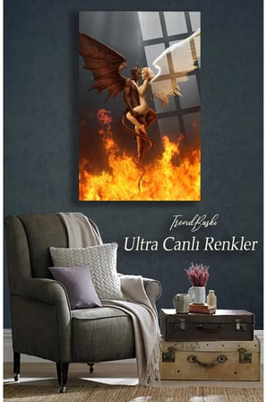 Melek ve Şeytan 4mm Lüks Kırılmaz Temperli Yüksek Çözünürlüklü Cam Tablo